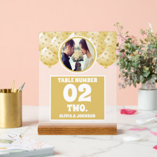 Gold Balloons Foto Hochzeit Tischnummer Mattiert Acrylschild