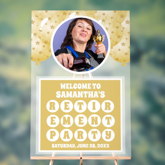 Gold Balloons Foto Pensionierung Willkommen Mattie Acrylschild (Neutral)