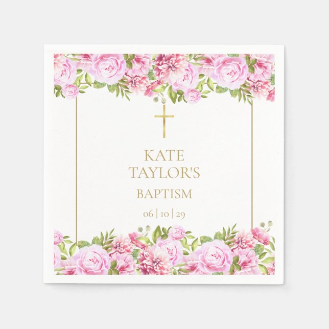 Gold Baptism Christening Pink Roses Floral Serviette (Vorderseite)