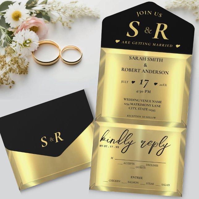 Gold Bar Elegante Wedding All In One Einladung (Gold Bar Elegant Wedding All In One Invitation)