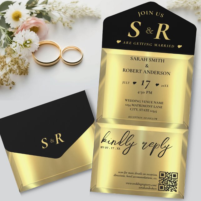 Gold Bar Elegante Wedding All In One Einladung (Gold Bar Elegant Wedding All In One Invitation)