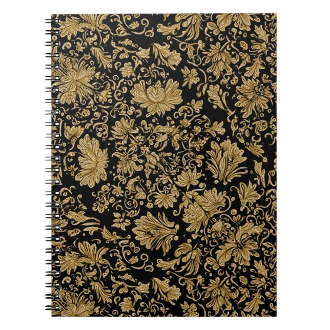 Gold Barock Blumenmuster auf Schwarz Notizblock (Vorderseite)