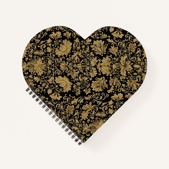 Gold Barock Blumenmuster auf Schwarz Notizbuch (Vorderseite)