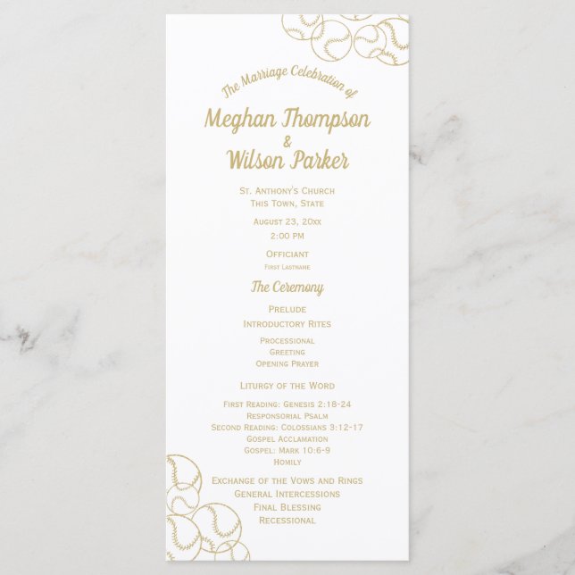 Gold Baseball-Hochzeitsprogramm Programm (Vorderseite)