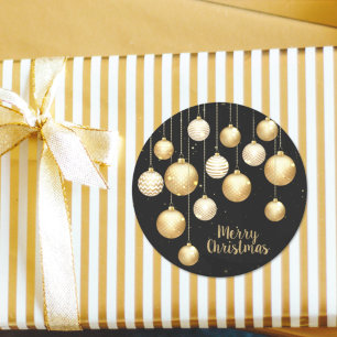 Gold Baubles Christmas Ornaments on Black Runder Aufkleber