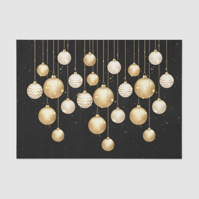 Gold Baubles Christmas Tree Ornaments on Black Seidenpapier (Vorderseite)