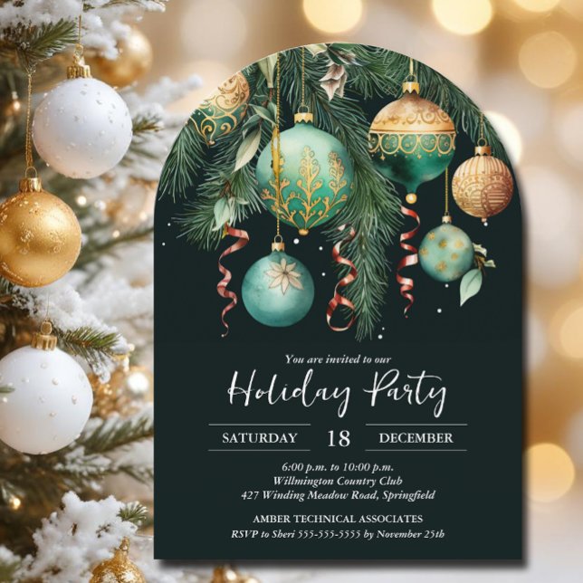 Gold Baubles Christmas Tree Party Einladung (Gold and green Christmas Tree Ornaments party invitations, PRINTED and/or INSTANT DOWNLOAD)