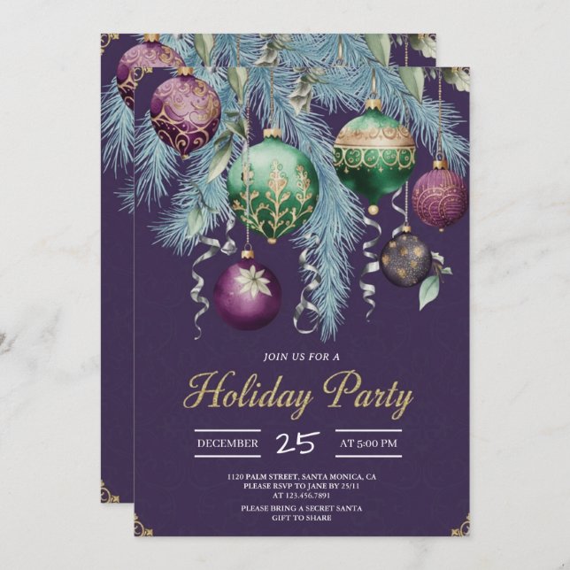 Gold Baubles Christmas Tree Party Invitation Einladung (Vorne/Hinten)
