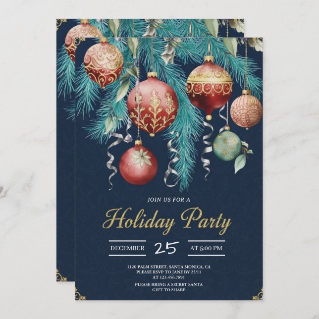 Gold Baubles Christmas Tree Party Invitation Einladung (Vorne/Hinten)