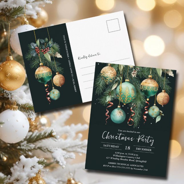 Gold Baubles Christmas Tree Party Invitation Postkarte (Gold and green Christmas tree party invitation postcards)