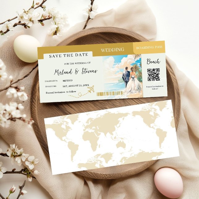Gold Beach Boarding Pass Hochzeit Save The Date (Von Creator hochgeladen)
