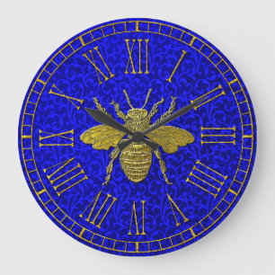 Gold Bee Blue Rococo Pattern Large Clock Große Wanduhr