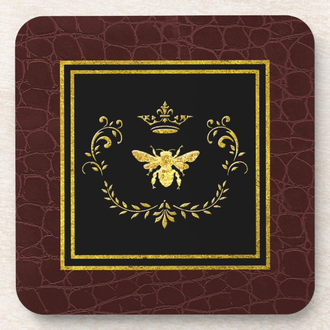 Gold Bee Crown Leder Muster Getränkeuntersetzer (Vorderseite)