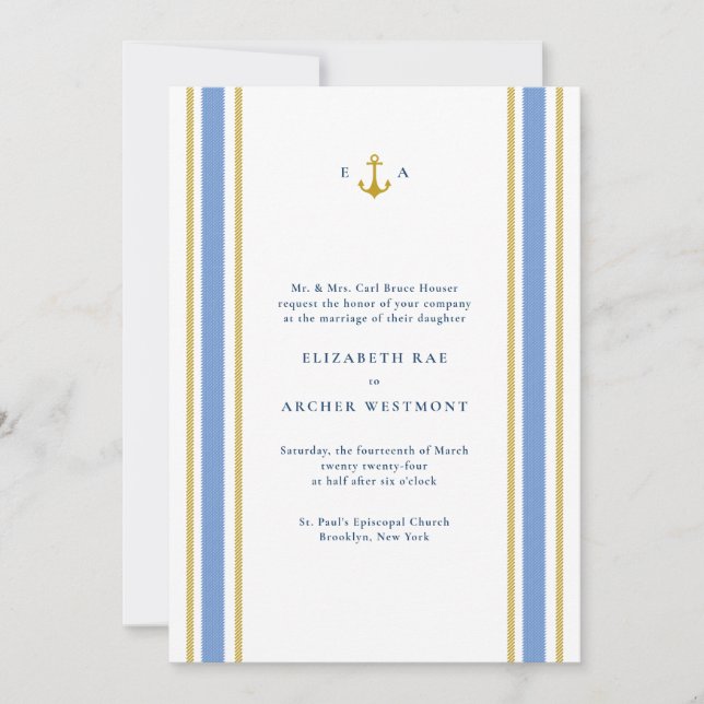 Gold bei Hochzeit von Navy Blue Nautical Stripes Einladung (Vorderseite)