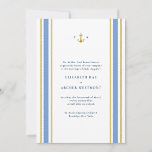 Gold bei Hochzeit von Navy Blue Nautical Stripes Einladung