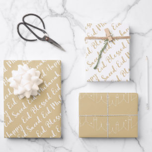 Gold Beige Eid Calligraphy Masjid Muster Design Geschenkpapier Set