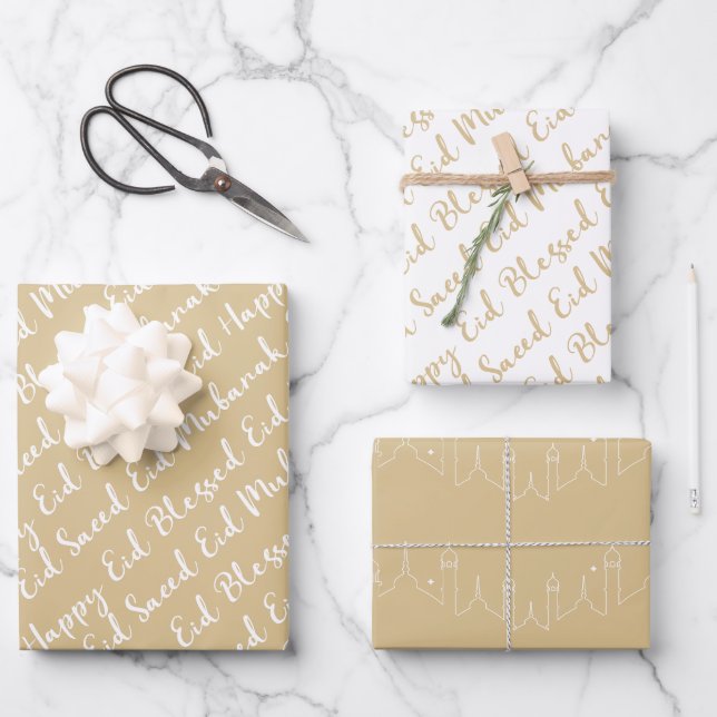 Gold Beige Eid Calligraphy Masjid Muster Design Geschenkpapier Set (Vorderseite)