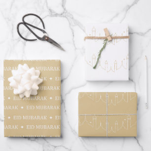 Gold Beige Eid Mubarak Masjid Design Geschenkpapier Set