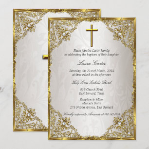 Gold Beige Perlmutt Damast Kreuz Taufe Einladung