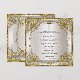 Gold Beige Perlmutt Damast Kreuz Taufe Einladung