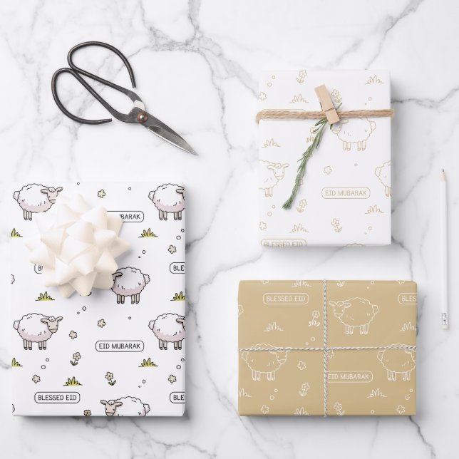 Gold Beige Schafe Eid Mubarak Kinder Geschenkpapier Set (Vorderseite)