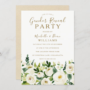 Gold Beige & Weiße Blume Gender Reveal Party Einladung