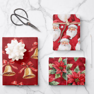 Gold Bells Santa Poinsettia Blume Weihnachten Geschenkpapier Set