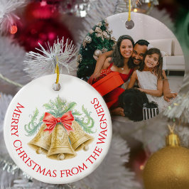 Gold bells watercolor red bow Christmas photo Keramik Ornament