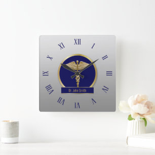 Gold Berufliche medizinische Caduceus Blauer Name Quadratische Wanduhr