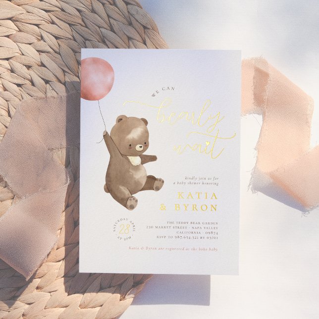 Gold Beyond Wait | Pink Balloon & Bear Baby Dusche Folieneinladung (Von Creator hochgeladen)