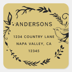 Gold Bird und Botanische Kranken-Rücksendeadresse Quadratischer Aufkleber