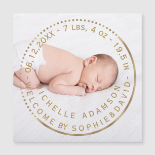 Gold Birth Announcement Baby Foto Magnetkarte