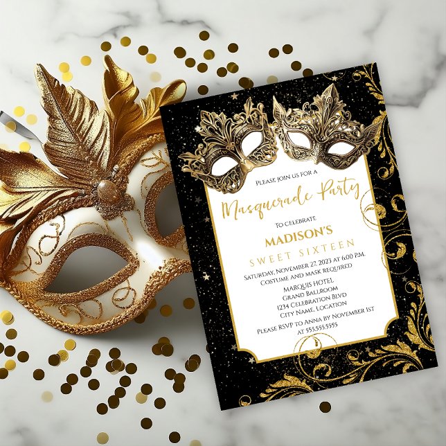 Gold Birthday Masquerade Party Einladung (Celebrate sweet 16 or other birthday age by inviting your guests with this elegant masquerade invite)
