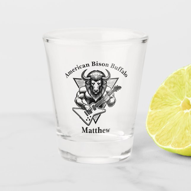 Gold Bison Buffalo Rocken auf Gitarre Schnapsglas (Vorderseite)