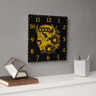Gold-Bison mit Blume und Foliage Quadratische Wanduhr