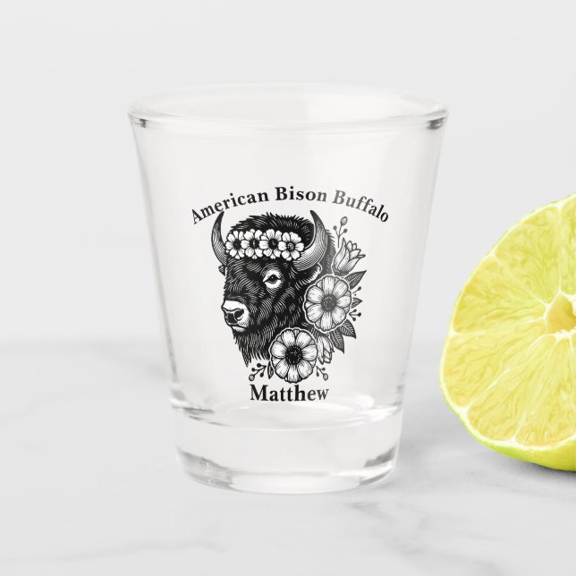 Gold-Bison mit Blume und Foliage Schnapsglas (Vorderseite)