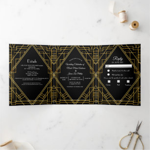 Gold Black 20's Deko Elegant Trifold Wedding  Dreifach Gefaltete Einladung