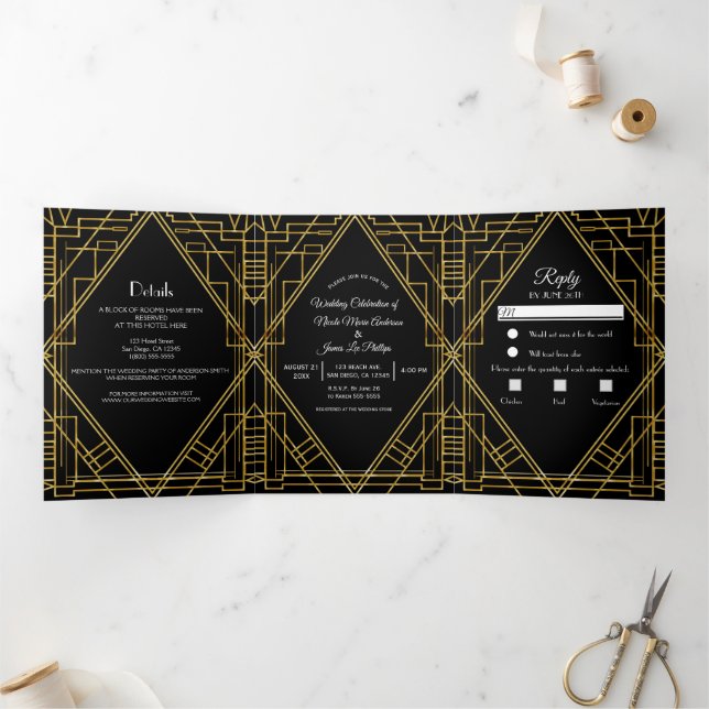 Gold Black 20's Deko Elegant Trifold Wedding Dreifach Gefaltete Einladung (Innenseite)