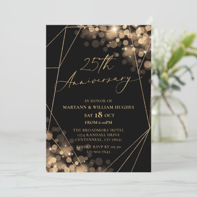 Gold & Black 25. Hochzeitstag Einladung (Stehend Vorderseite)
