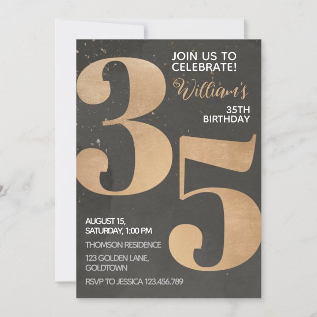 Gold Black 35. Geburtstag Einladung (Vorderseite)