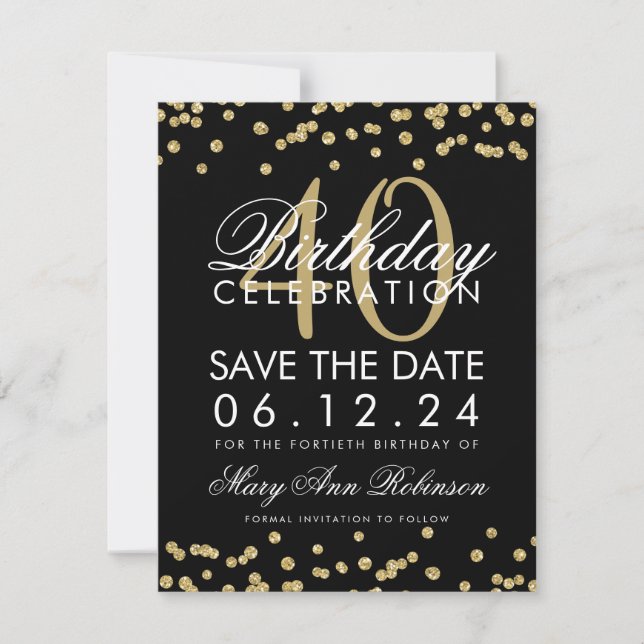 Gold Black 40. Geburtstag Save the Date Confetti (Vorderseite)