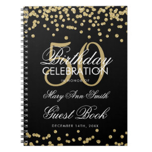 Gold Black 50. Geburtstag Gästebuch Confetti Notizblock
