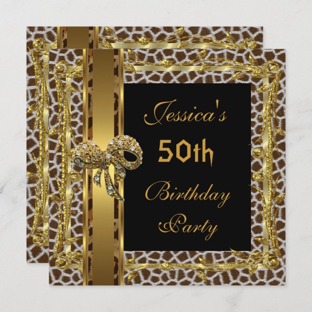 Gold Black 50th Birthday Animal Wild Elegant 3 Einladung (Vorne/Hinten)