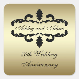 Gold Black 50th Wedding Anniversary Label Quadratischer Aufkleber