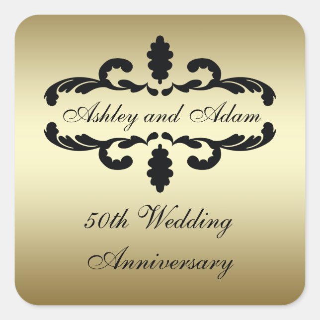 Gold Black 50th Wedding Anniversary Label Quadratischer Aufkleber (Vorderseite)