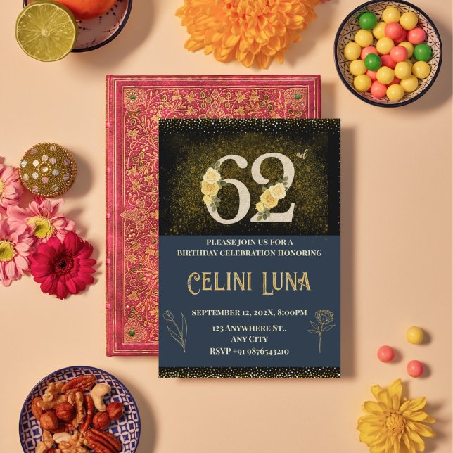 Gold & Black 62. Geburtstagseinladungen Einladung (Gold & Black 62nd Birthday Invitations)
