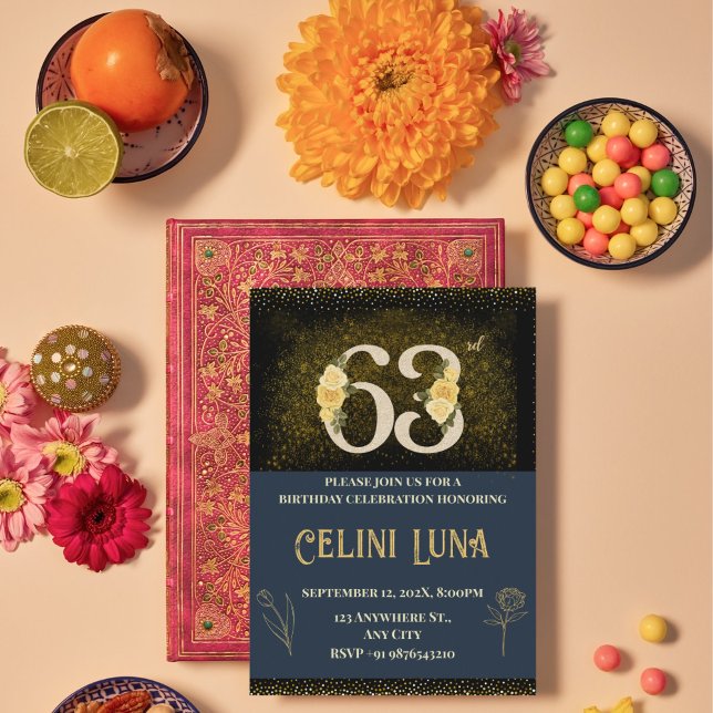 Gold & Black 63. Geburtstagseinladungen Einladung (Gold & Black 63rd Birthday Invitations)