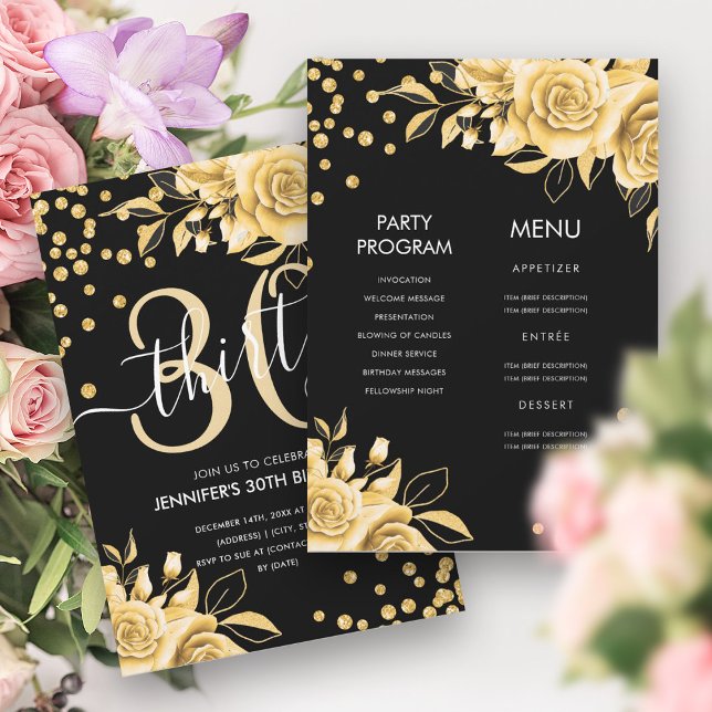Gold Black AllinOne Glitzer, 30. Geburtstag Einladung (Gold Black AllinOne Floral Glitter 30th Birthday Invitation)