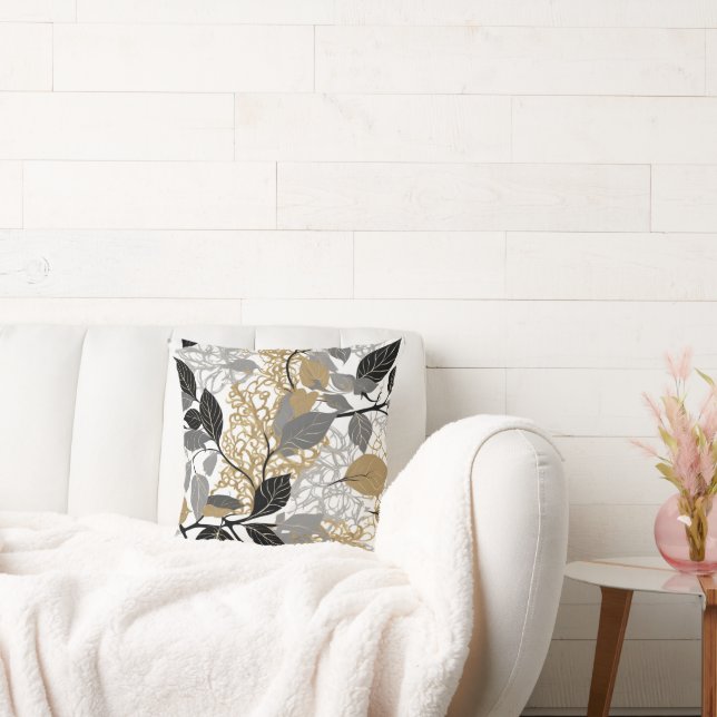 Gold, Black and Grey Leaf Vine Design Kissen (Liege)