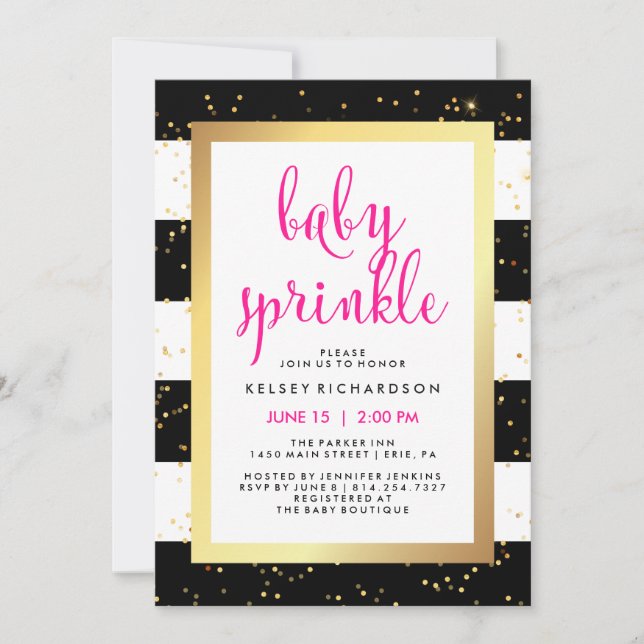 Gold Black and White Stripes Baby Sprinkle | Pink Einladung (Vorderseite)
